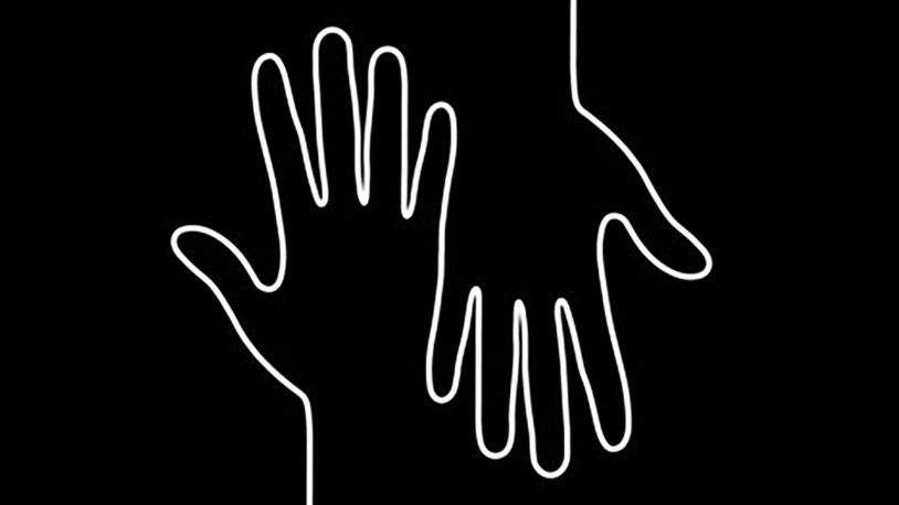 black and white graphic of the outline of two hands