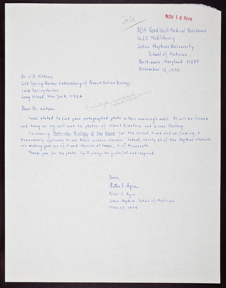 image of letter from Peter Agre to Jim Watson