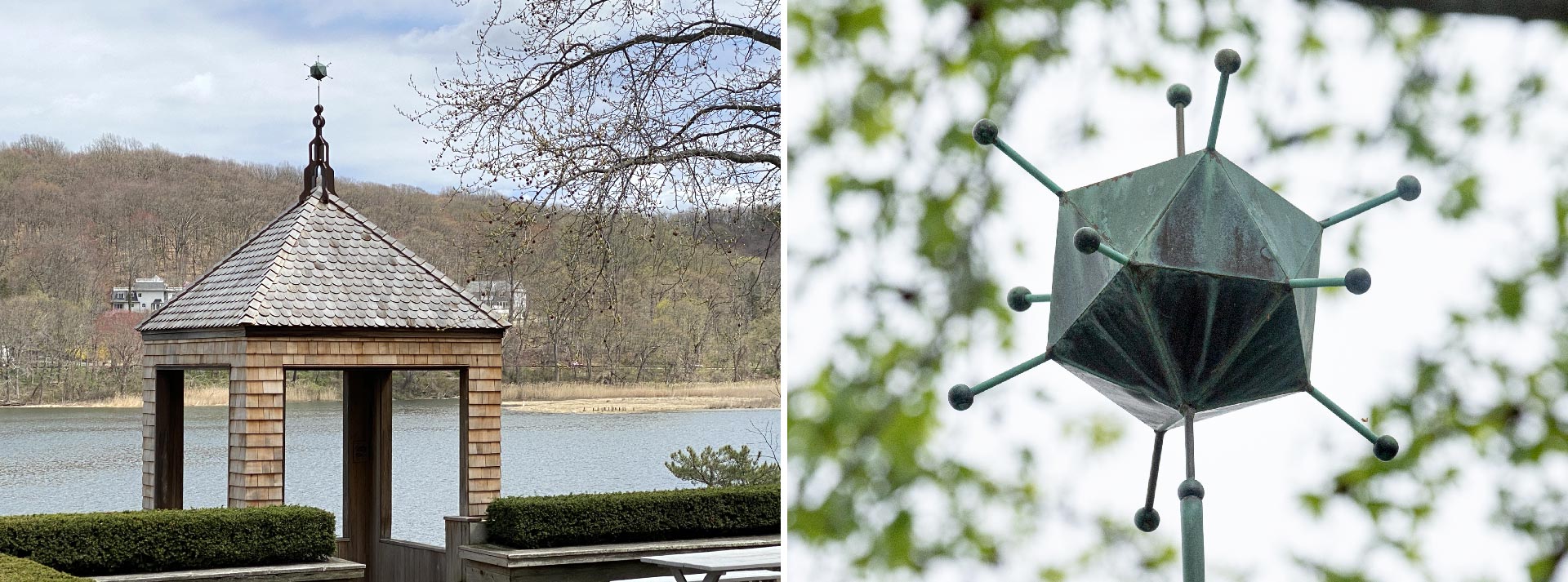 photos of the CSHL adenovirus weathervane atop the gazebo