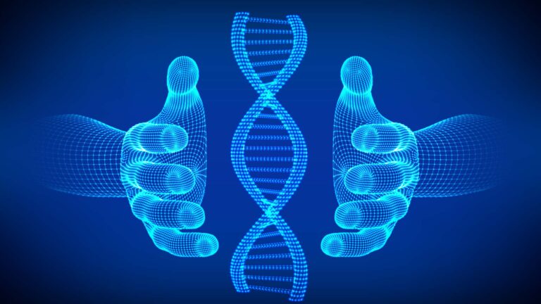 computer generated illustration of human hands holding a strand of DNA