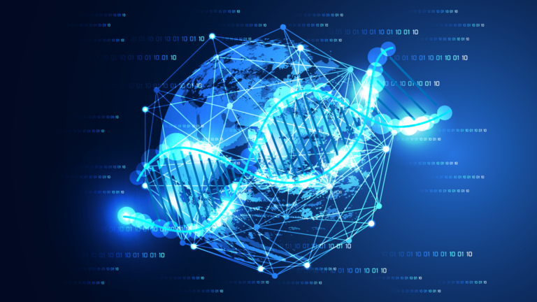 illustration of DNA strand spanning globe