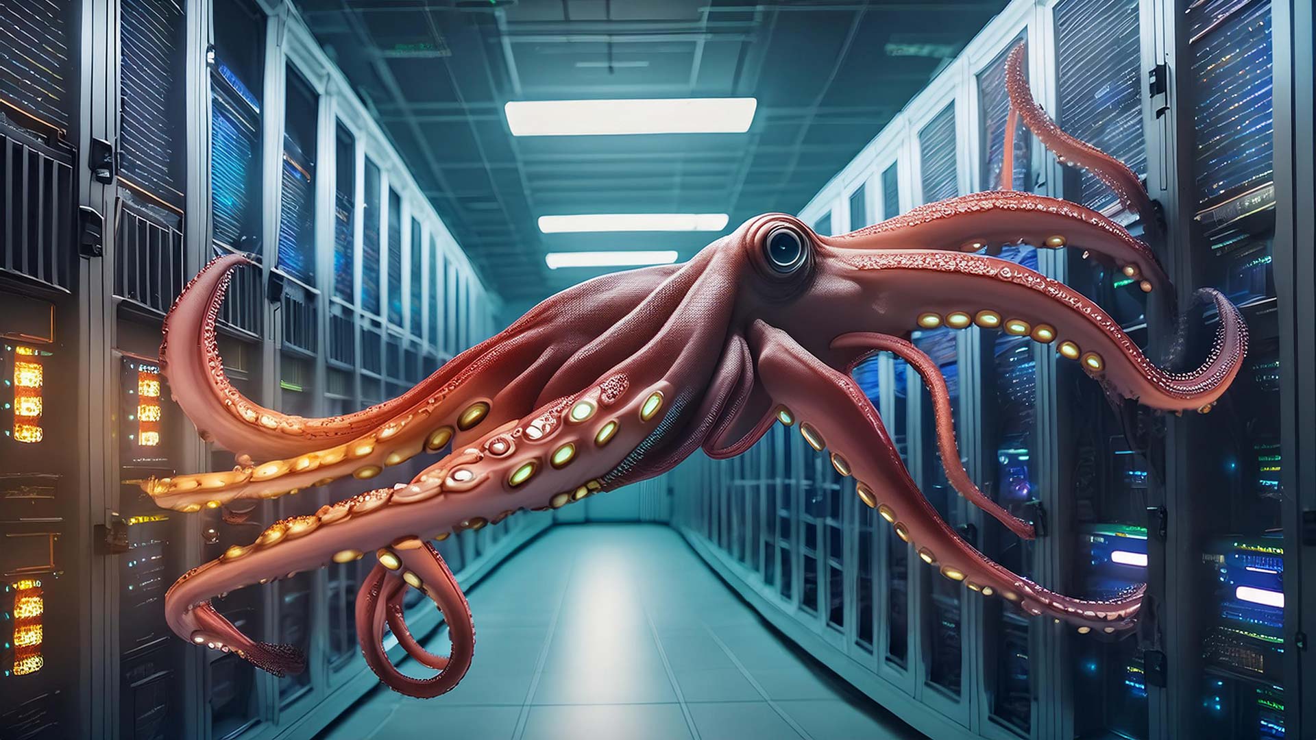 ai generated image of a squid in a computer data center