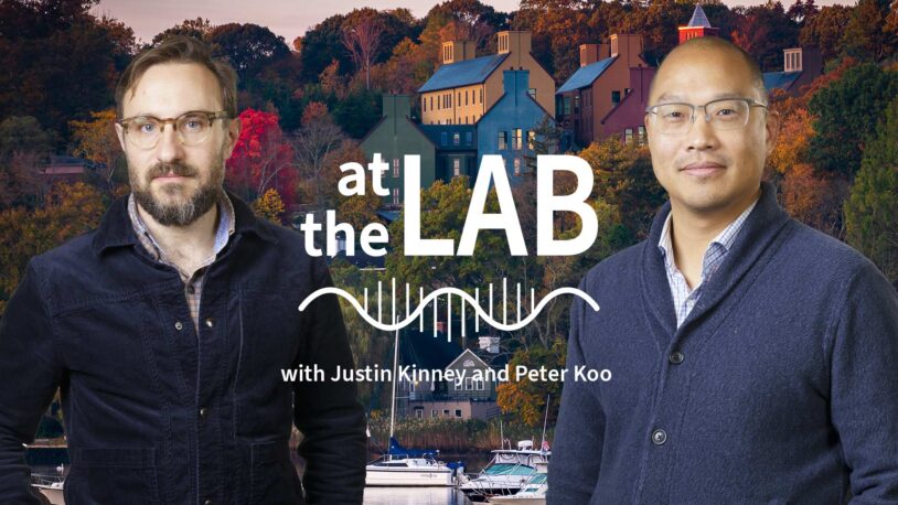 image of Cold Spring Harbor campus from across the harbor with At the Lab podcast logo and portrait of Justin Kinney and Peter Koo