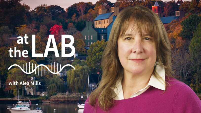 image of Cold Spring Harbor campus from across the harbor with At the Lab podcast logo and portrait of Alea Mills