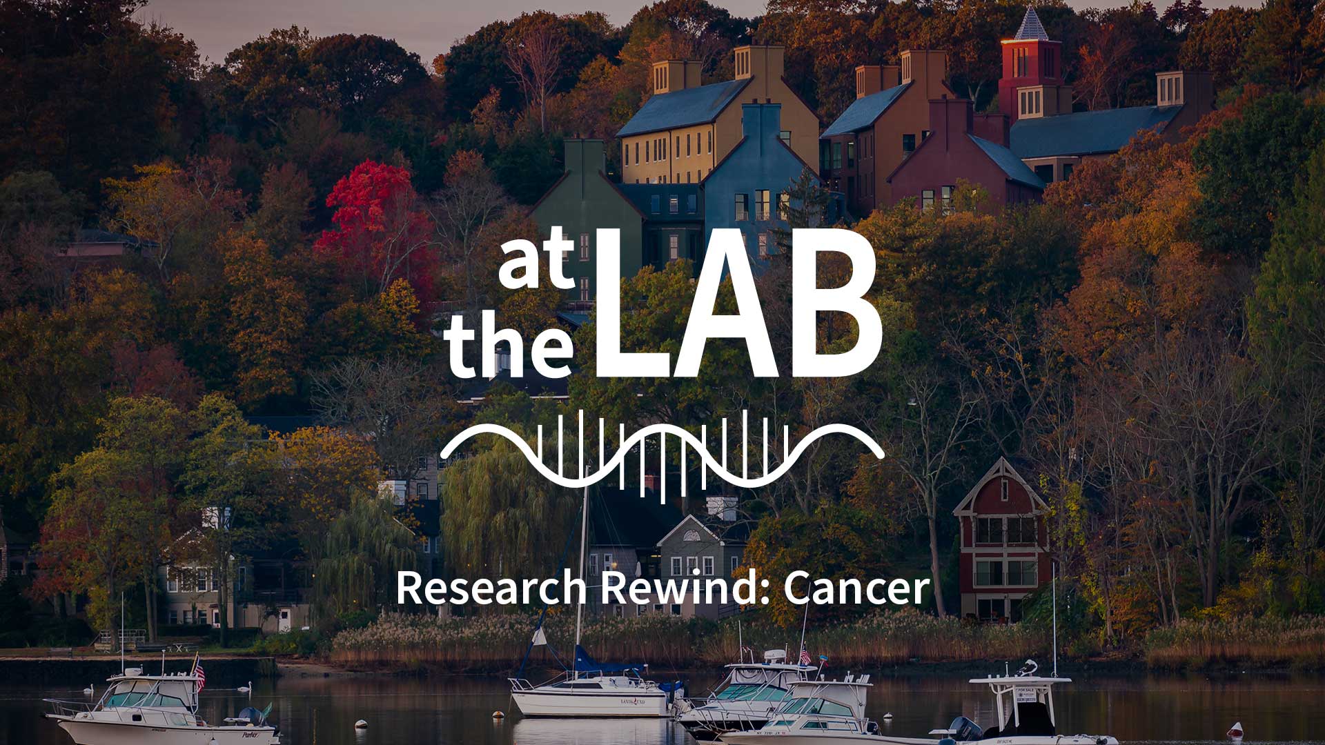 image of Cold Spring Harbor campus from across the harbor with At the Lab podcast logo