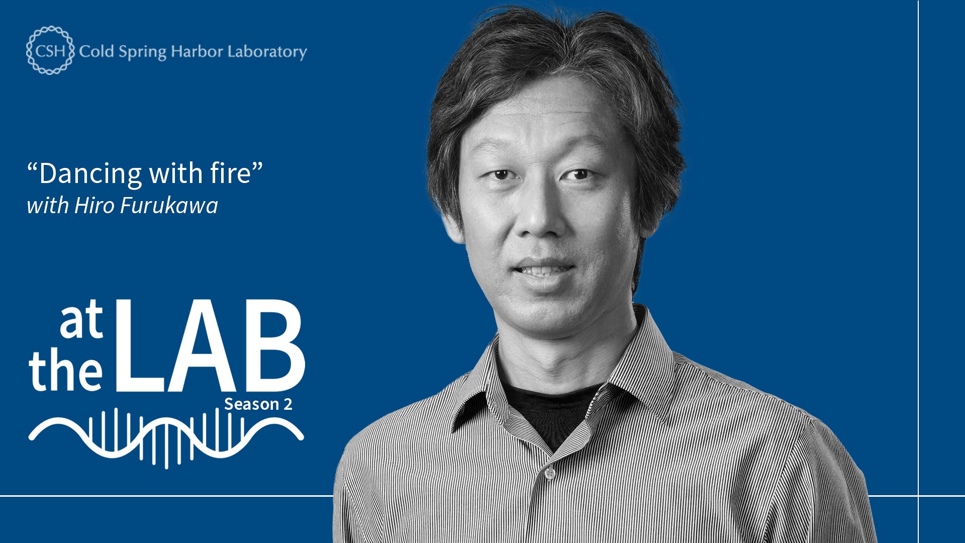 image of the At the Lab podcast logo with black and white portrait of Hiro Furukawa on a blue background