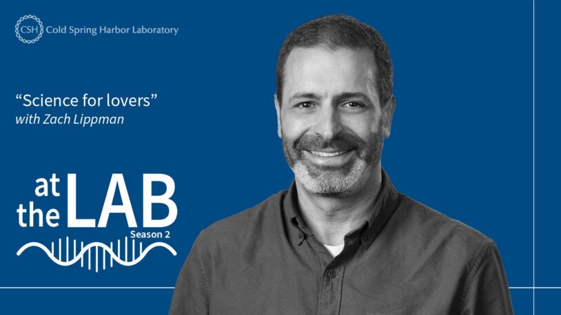 image of the At the Lab podcast logo with black and white portrait of Zach Lippman on a blue background