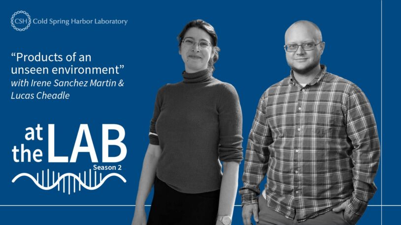 image of the At the Lab podcast logo with black and white portrait of Irene Sanchez Martin and Lucas Cheadle on a blue background