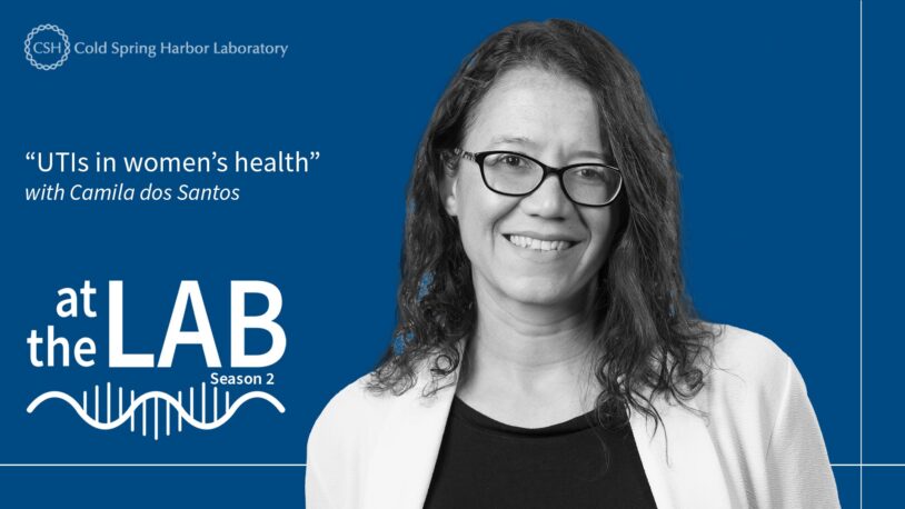 image of the At the Lab podcast logo with black and white portrait of Camila dos Santos on a blue background