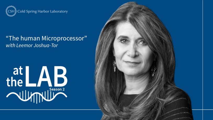 image of the At the Lab podcast logo with black and white portrait of Leemor Joshua-Tor on a blue background