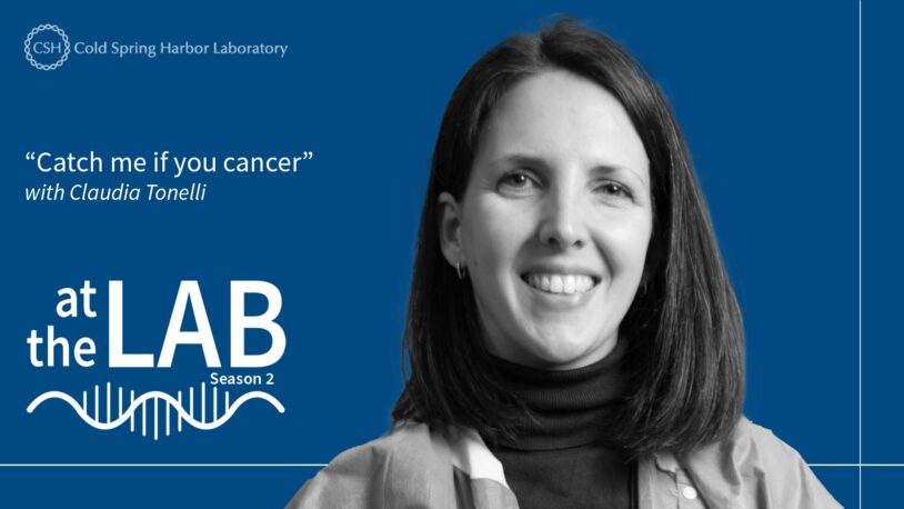 image of At the Lab podcast with black and white portrait of Claudia Tonelli on a blue background