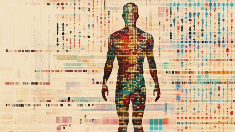 Artistic rendering of a male human body outline with DNA like strands with different colors