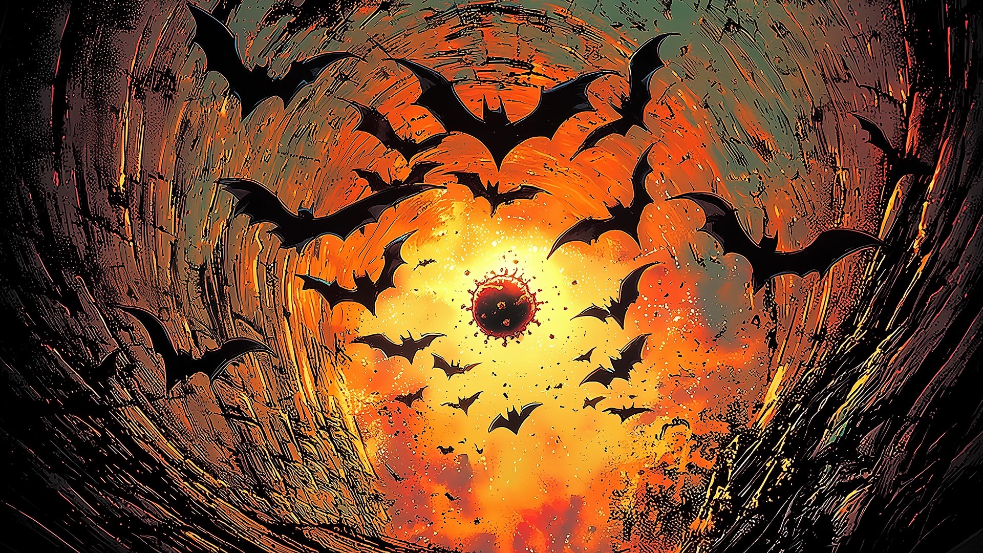 A swarm of bats flies out of a dark, tunnel-like vortex toward a fiery orange and yellow light at the center, creating a dramatic and intense scene.