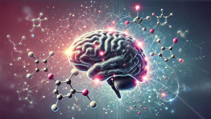 A glowing human brain surrounded by abstract molecular structures and digital network patterns.