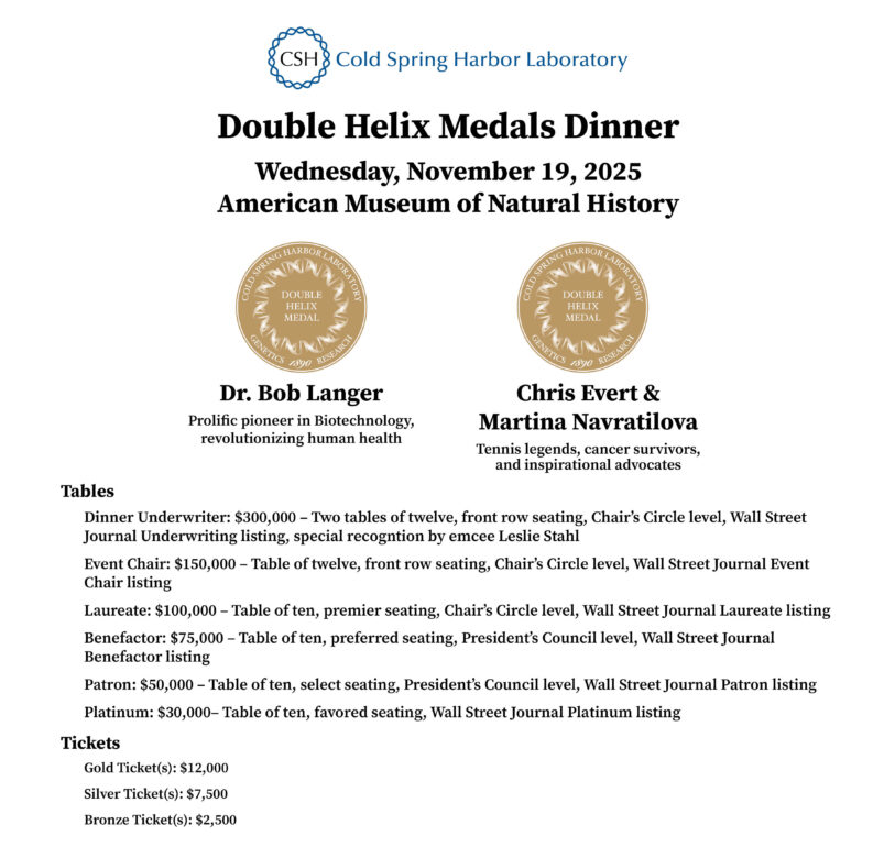 Event invitation featuring medal images, honorees, event details, table tiers, and ticket prices.