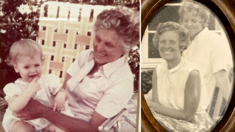 Two vintage photos: Left, Dorcas Cummings smiles while holding a laughing baby on her lap outdoors. Right, a black-and-white portrait shows Dorcas Cummings and another woman smiling closely together, one seated in front of the other.