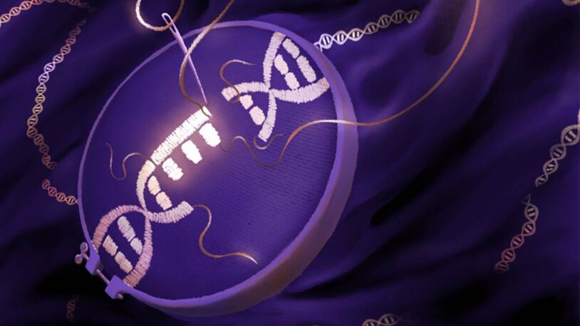 Embroidery hoop stitching a glowing DNA double helix on purple fabric, with DNA strands around.