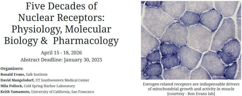 Conference flyer with nuclear receptor panel title, organizer names, and a blue-stained cell microscope image.