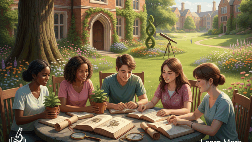 Five students study biology materials outdoors at a college campus, promoting a summer internship program.