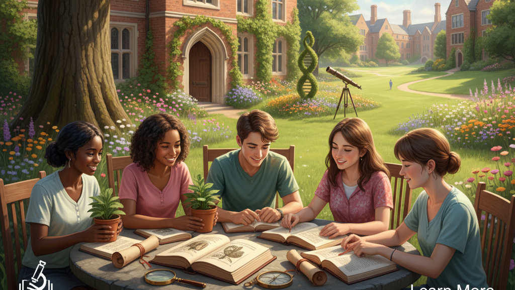 Five students study biology materials outdoors at a college campus, promoting a summer internship program.