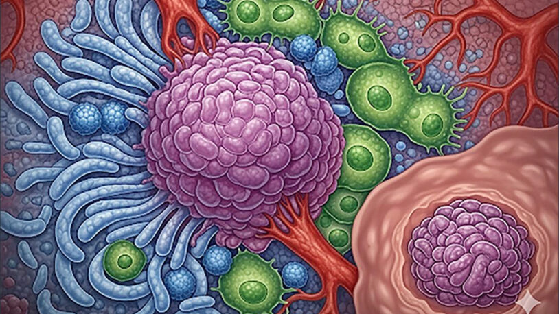 Colorful illustration of cancer cells surrounded by blood vessels and healthy cells under a microscope.