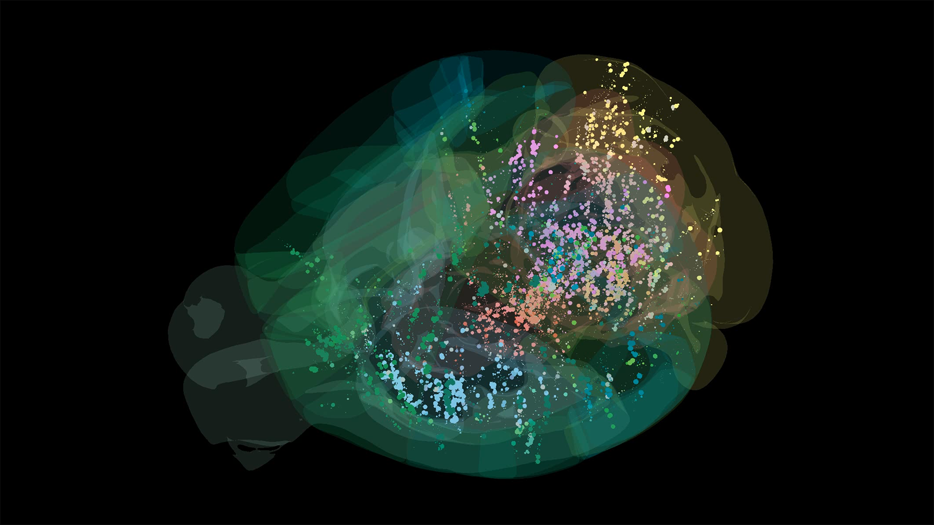 Colorful clusters of dots and translucent shapes form an abstract visualization on a black background.