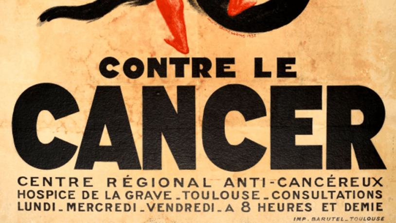 Vintage French poster with bold text reading Contre le Cancer and clinic consultation details below.