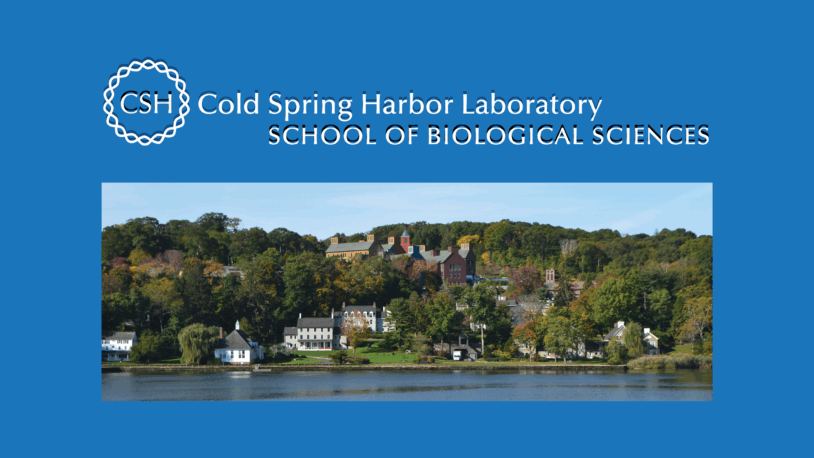 Panoramic view of Cold Spring Harbor Laboratory buildings by the water, with logo and school name above.