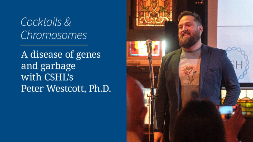 Peter Westcott smiles at a microphone during a Cocktails & Chromosomes science event at CSHL.