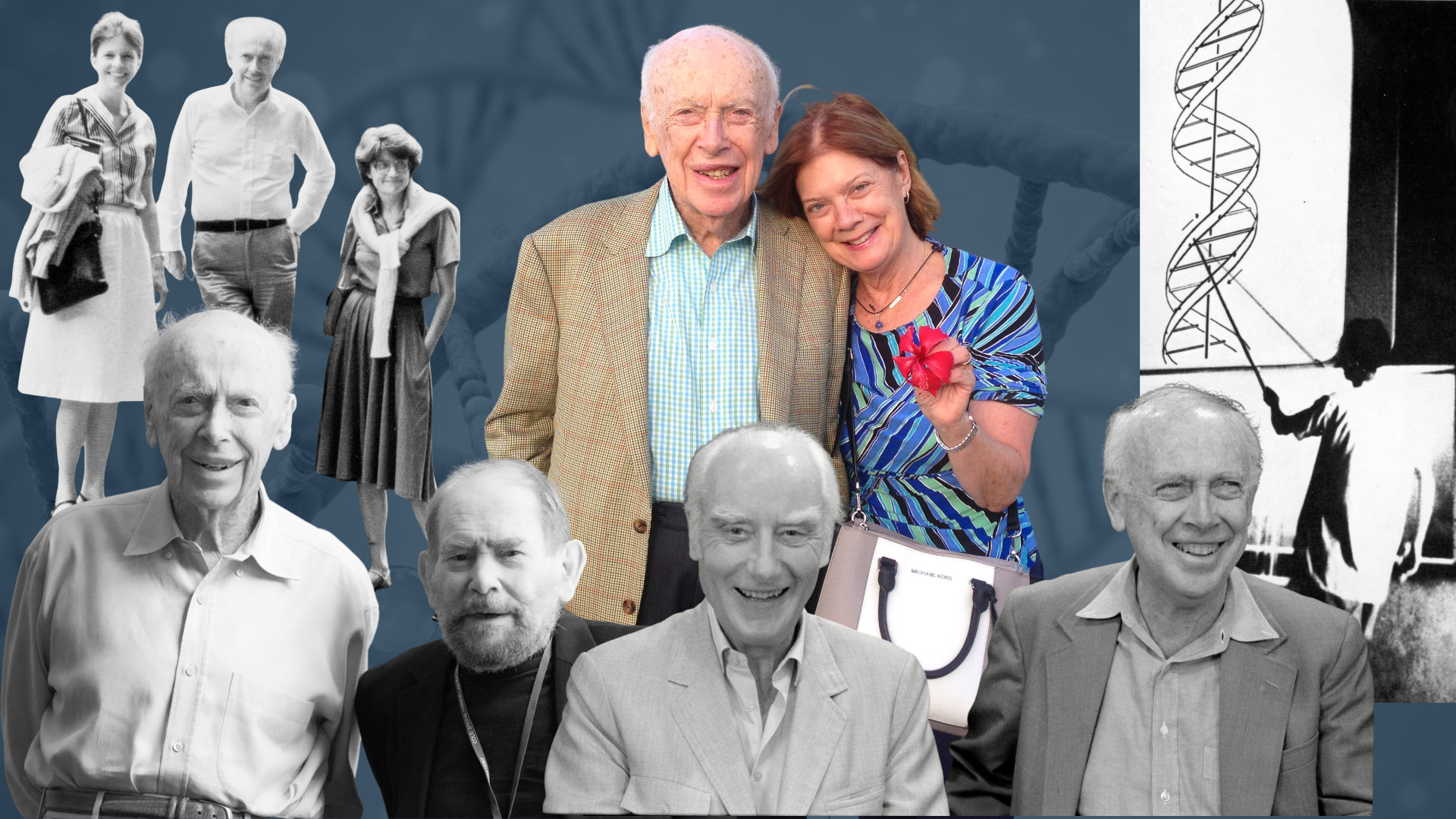 A collage of people, some in color and some in black and white, with a DNA strand illustration in the background.