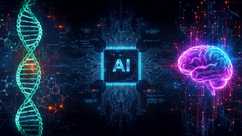 Digital illustration of a DNA strand, a glowing AI chip, and a neon brain connected by circuitry and data.