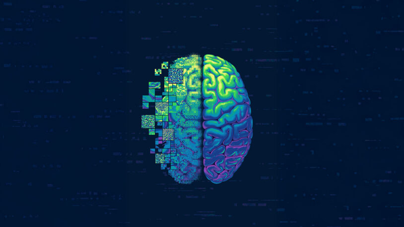 A digital illustration of a brain, half pixelated and half realistic, on a dark, abstract background.