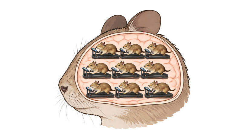 Illustration of a rodent head with its brain revealed, showing tiny rodents running on treadmills inside the brain.